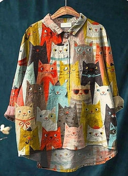 Hazel | Women's Printed Cat-Print Relaxed Blouse — Willow & Wren Melbourne