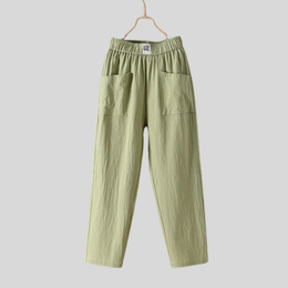 Green Teresa straight-leg trousers with elastic waist and patch pockets, front view