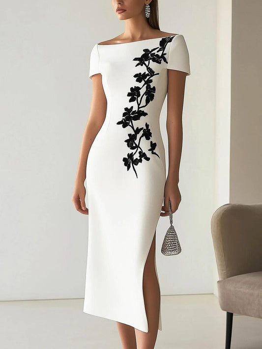 Heather | Floral Printed Midi Boat-Neck Dress