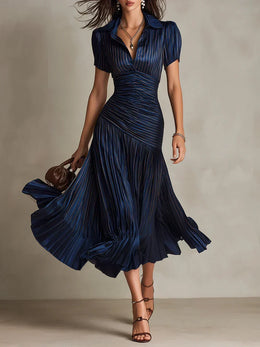 Ella | Women's Navy Ruched Midi Dress — Willow & Wren Melbourne