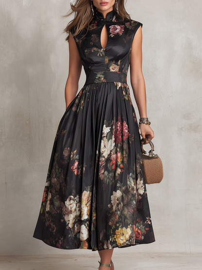 Georgia | Satin Floral Midi Pleated Dress