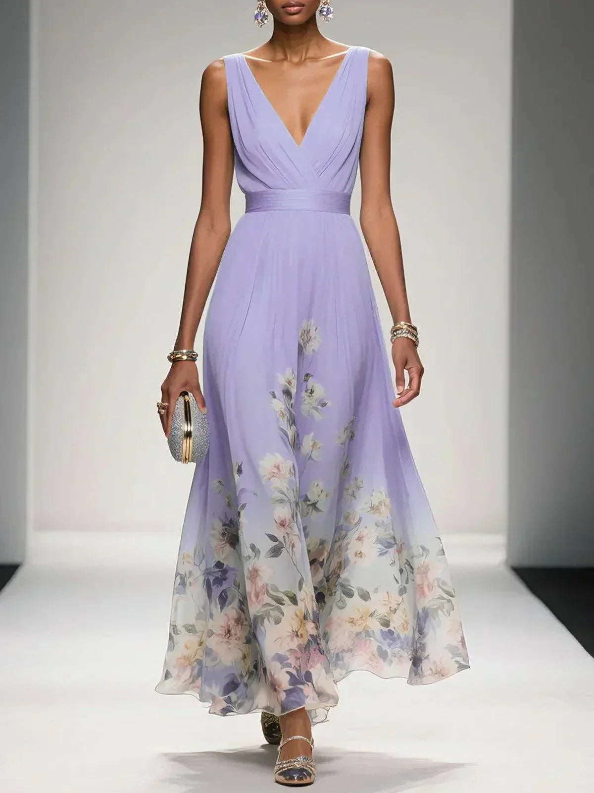 Hazel | Chiffon Floral Maxi V-Neck Dress