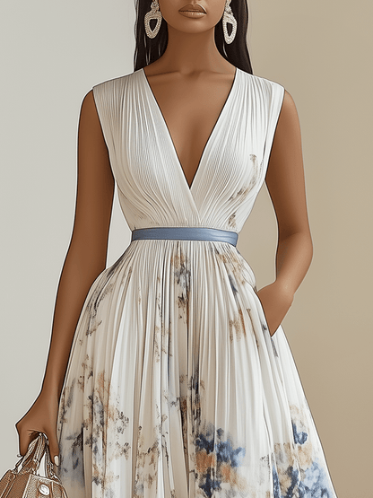 Bridget | Chiffon Floral Midi V-Neck Pleated Dress