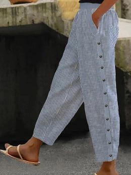 Clara | Women's Striped Button-Detail Trousers — Willow & Wren Melbourne