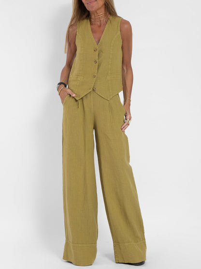 Rose women's button-front wide-leg set in olive, front view
