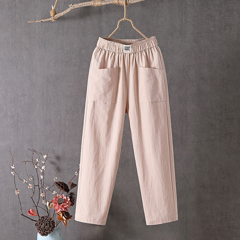 Apricot Teresa straight-leg trousers with elastic waist and patch pockets, front view
