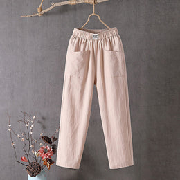 Apricot Teresa straight-leg trousers with elastic waist and patch pockets, front view