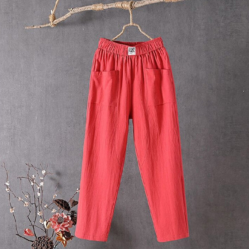 Red Teresa straight-leg trousers with elastic waist and patch pockets, front view