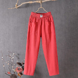 Red Teresa straight-leg trousers with elastic waist and patch pockets, front view